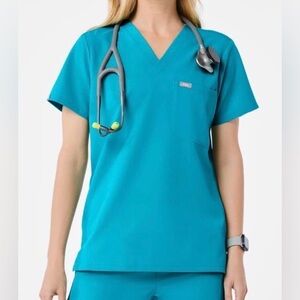 Figs Womens 1 Pocket Catarina Scrub Top in Teal Size Large